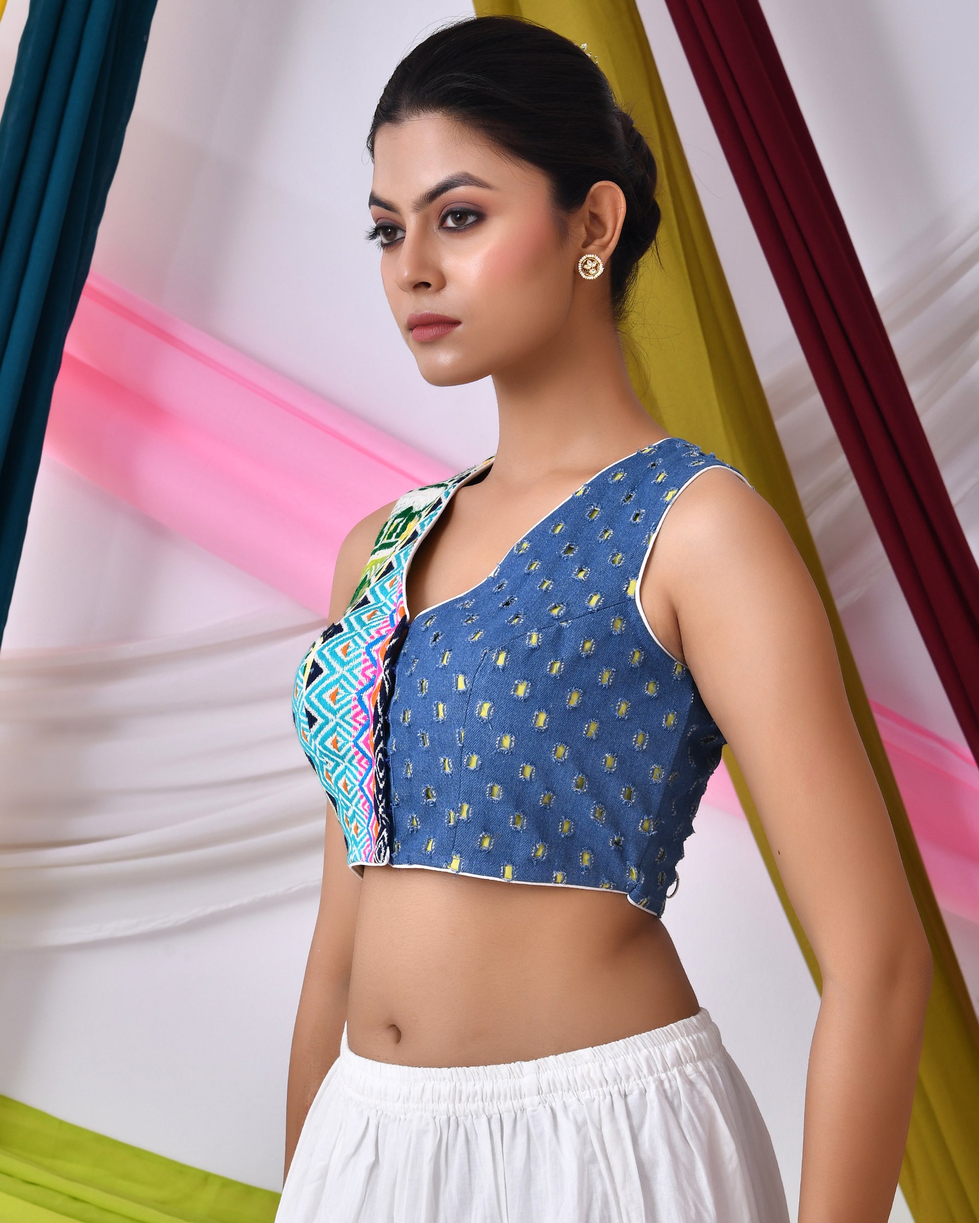 Denim Jacquard Sleeveless Padded Blouse with Vibrant Patterns